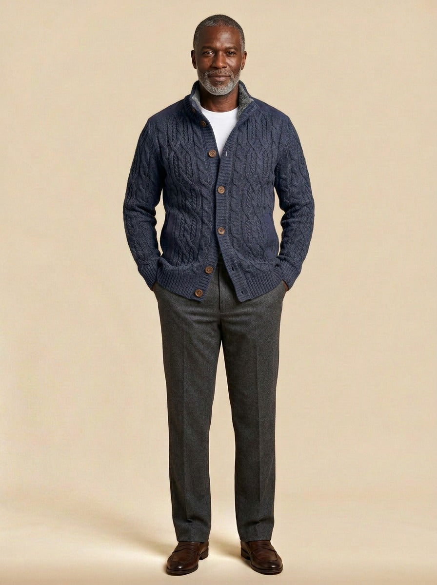 Thornton cable knit cardigan in Navy, studio, Gentlemens Manor