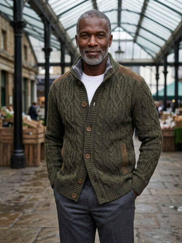 Thornton cable knit cardigan in Olive, lifestyle, Gentlemens Manor