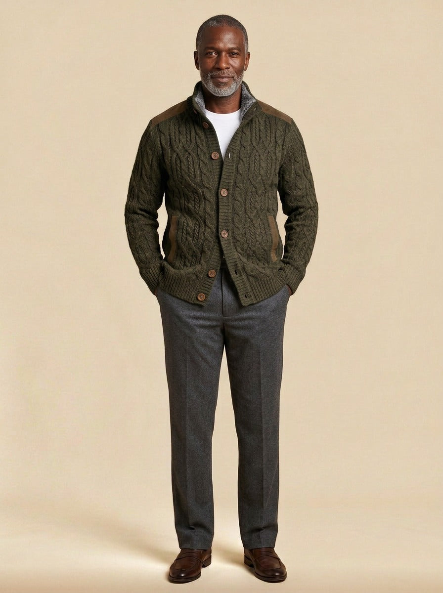 Thornton cable knit cardigan in Olive, studio, Gentlemens Manor