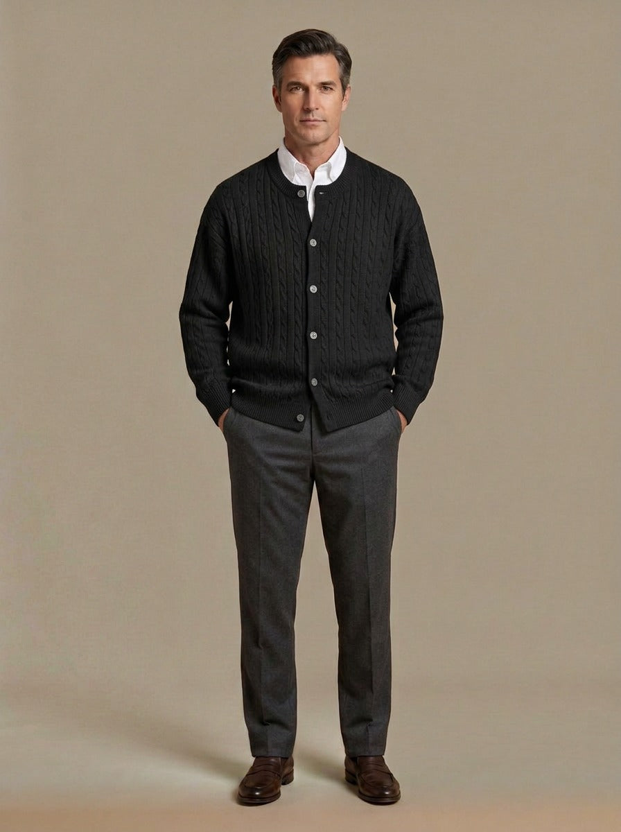 Tierney cable knit crew neck cardigan in Black, studio, Gentlemens Manor