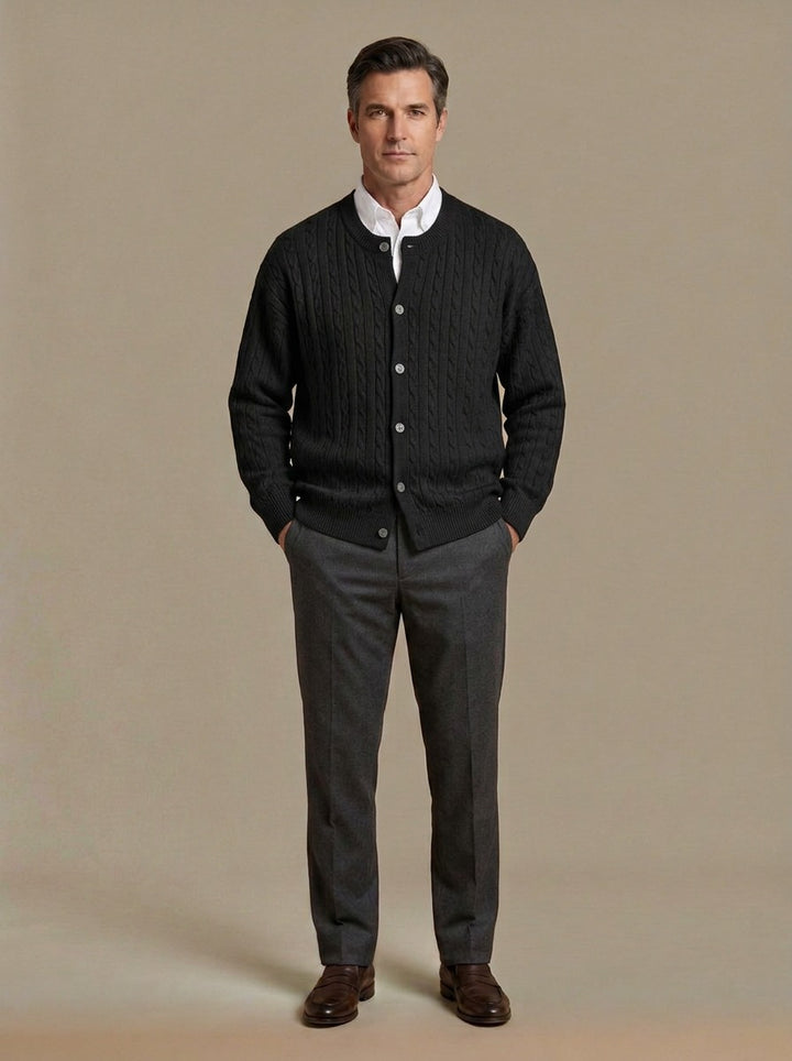 Tierney cable knit crew neck cardigan in Black, studio, Gentlemens Manor