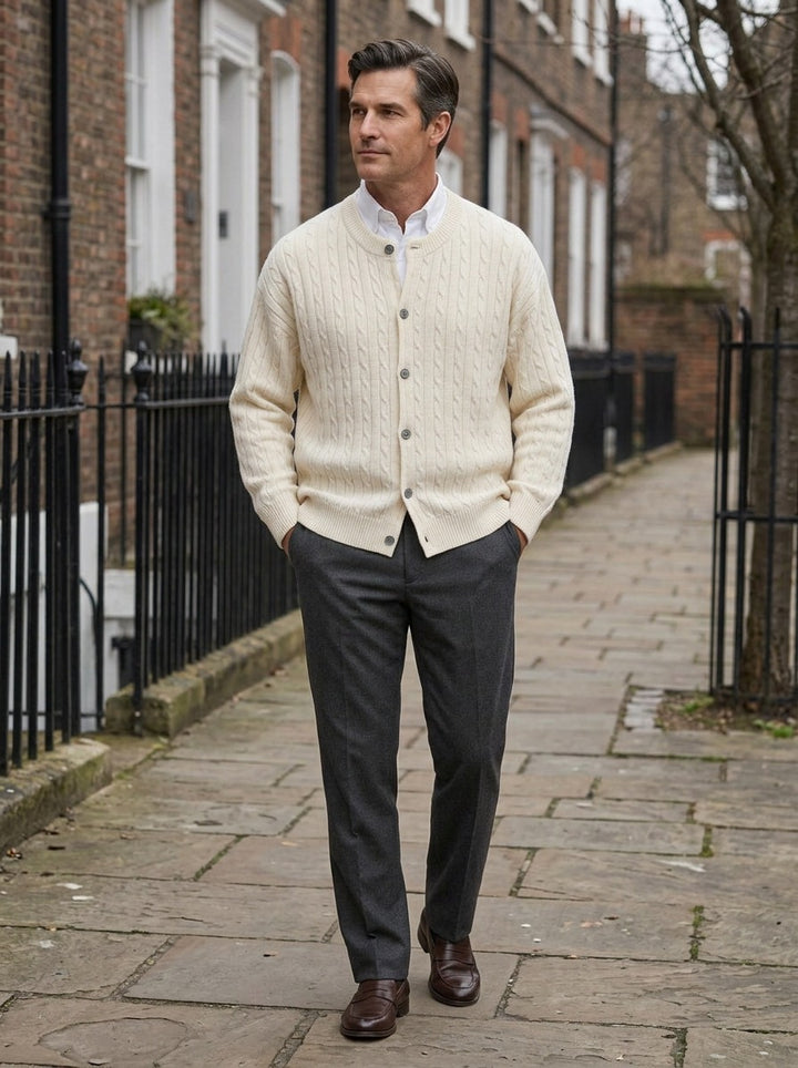 Tierney cable knit crew neck cardigan in Cream, lifestyle on a street of brick row houses, Gentlemens Manor