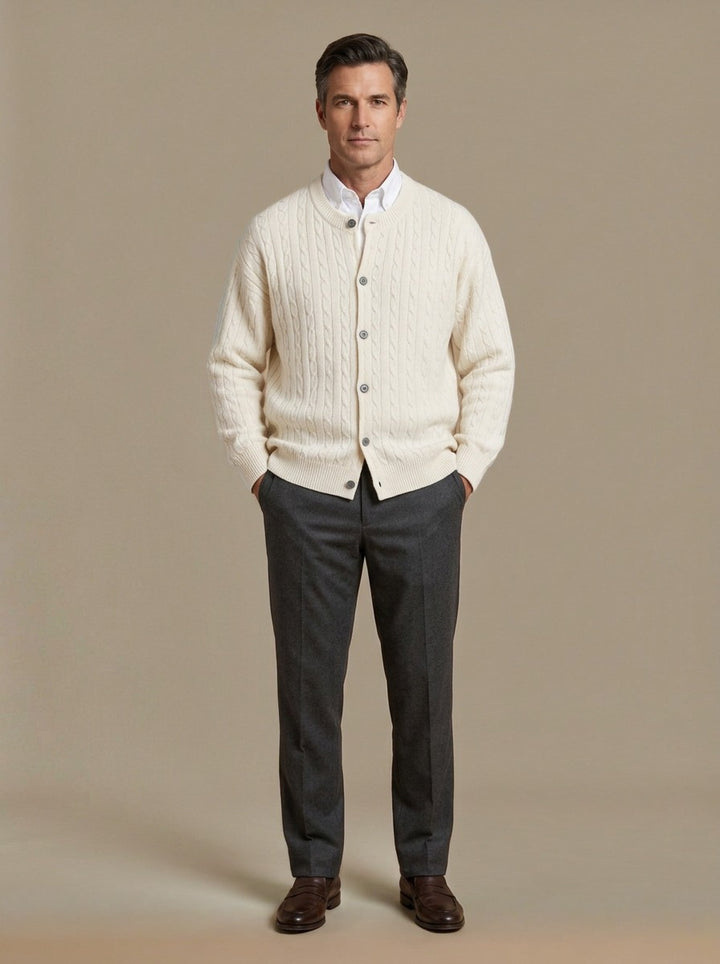 Tierney cable knit crew neck cardigan in Cream, studio, Gentlemens Manor