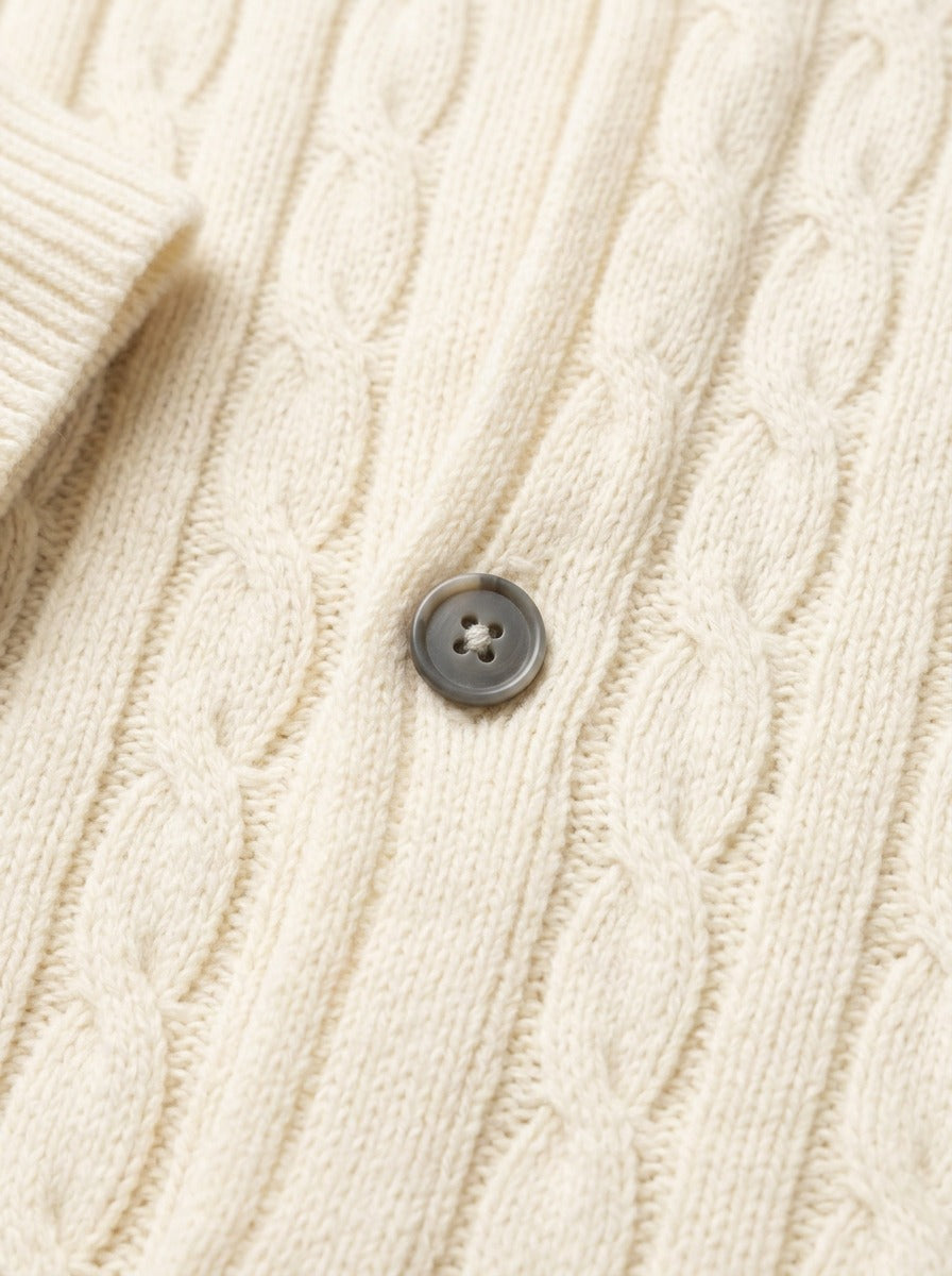 Tierney cable knit crew neck cardigan, fabric close up, Gentlemens Manor