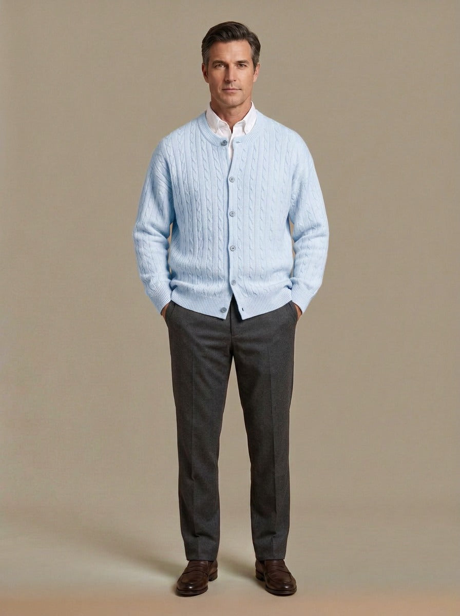 Tierney cable knit crew neck cardigan in Light Blue, studio, Gentlemens Manor