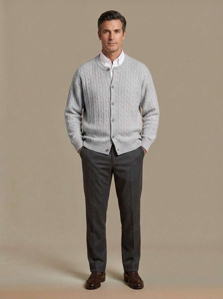 Tierney cable knit crew neck cardigan in Light Grey, studio, Gentlemens Manor