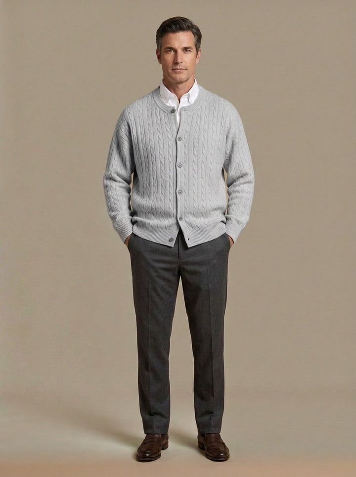Tierney cable knit crew neck cardigan in Light Grey, studio, Gentlemens Manor