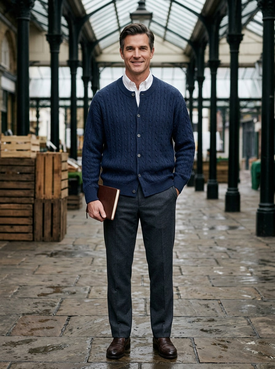 Tierney cable knit crew neck cardigan in Navy, lifestyle in a covered market hall, Gentlemens Manor