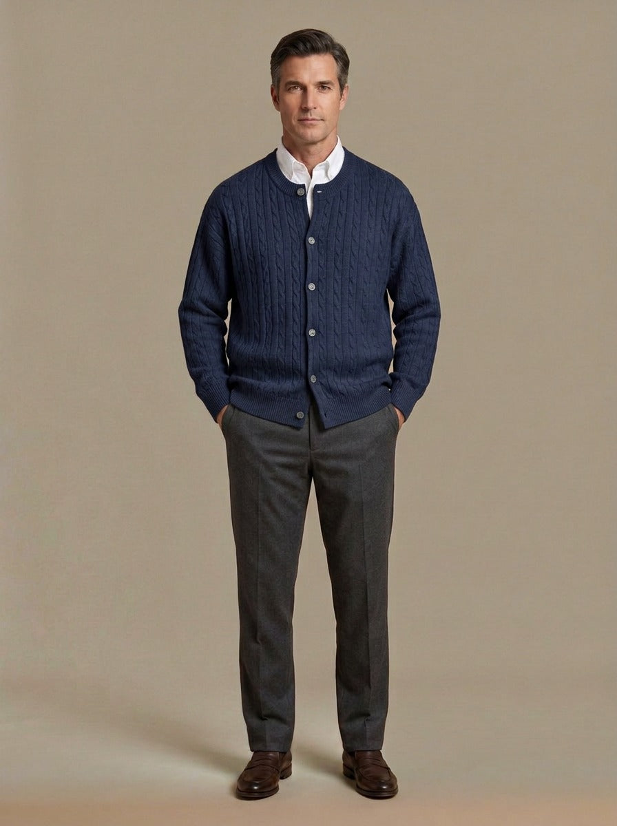Tierney cable knit crew neck cardigan in Navy, studio, Gentlemens Manor