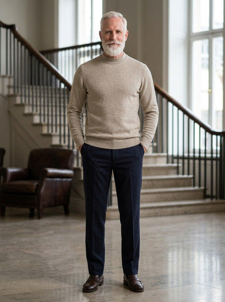 Tilbury textured fleece lined mock neck sweater in Beige, lifestyle in a hotel lobby, Gentlemens Manor