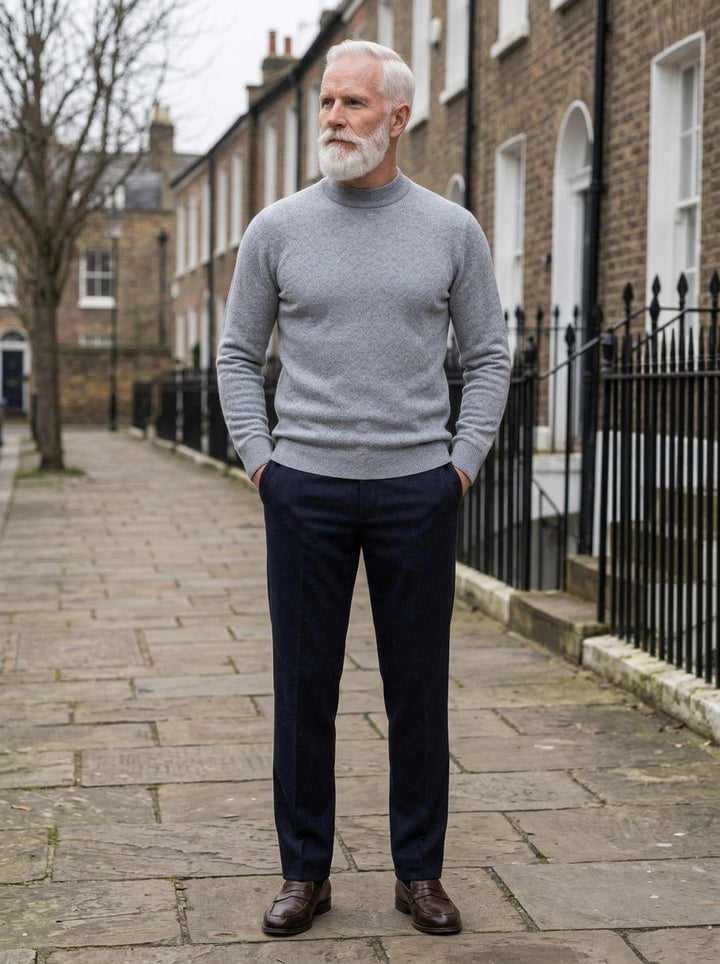 Tilbury textured fleece lined mock neck sweater in Grey, lifestyle on a street of brick row houses, Gentlemens Manor