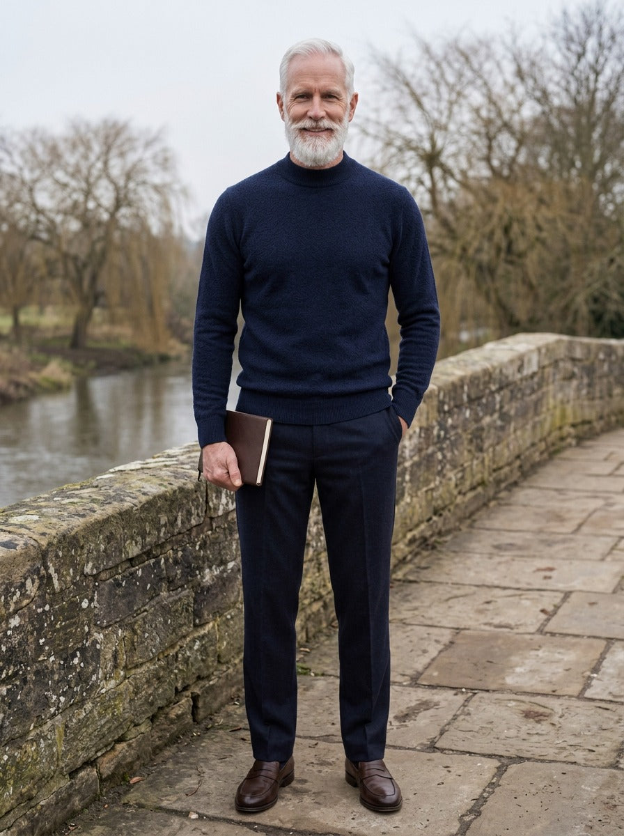 Tilbury textured fleece lined mock neck sweater in Navy, lifestyle on a stone footbridge, Gentlemens Manor