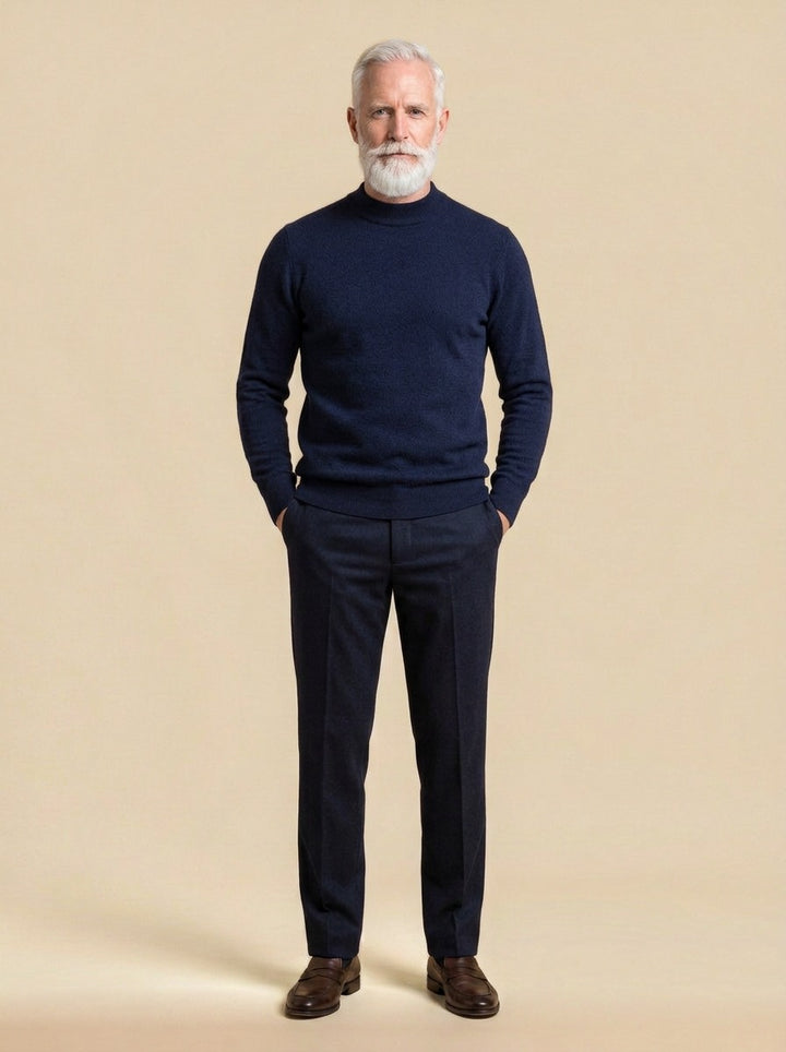 Tilbury textured fleece lined mock neck sweater in Navy, studio, Gentlemens Manor
