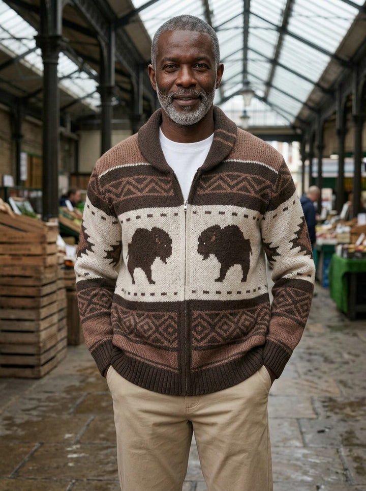 Tilden shawl collar cardigan in Brown, lifestyle, Gentlemens Manor
