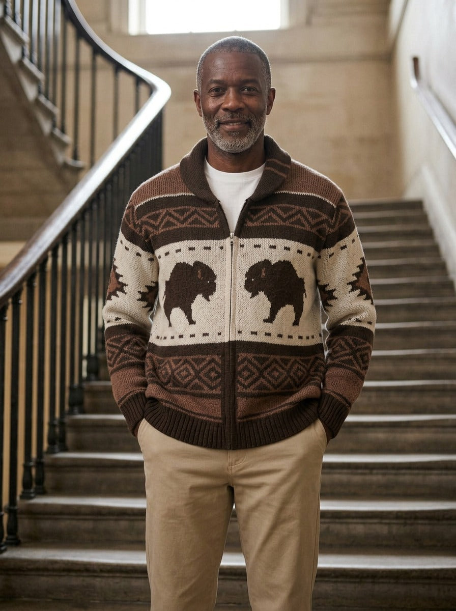 Tilden shawl collar cardigan in Brown, lifestyle, Gentlemens Manor