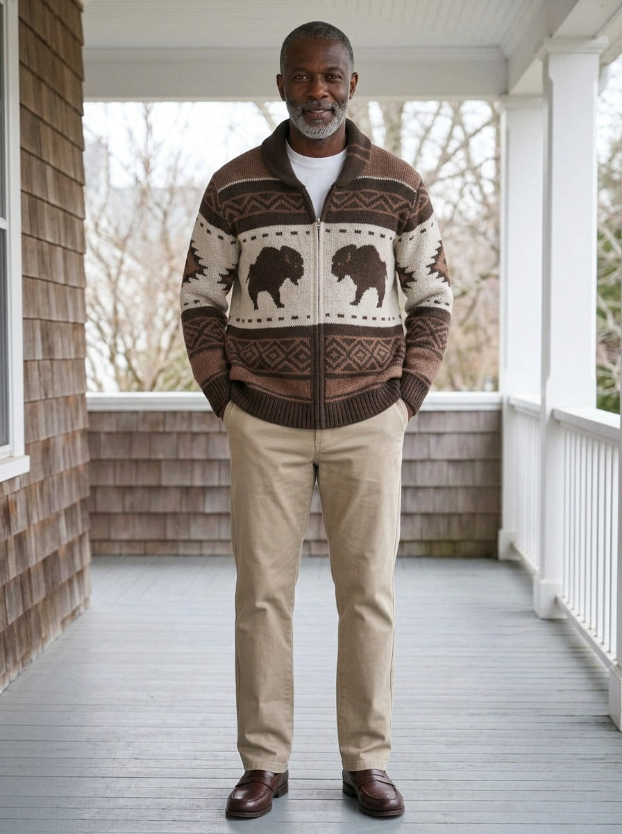 Tilden shawl collar cardigan in Brown, lifestyle, Gentlemens Manor