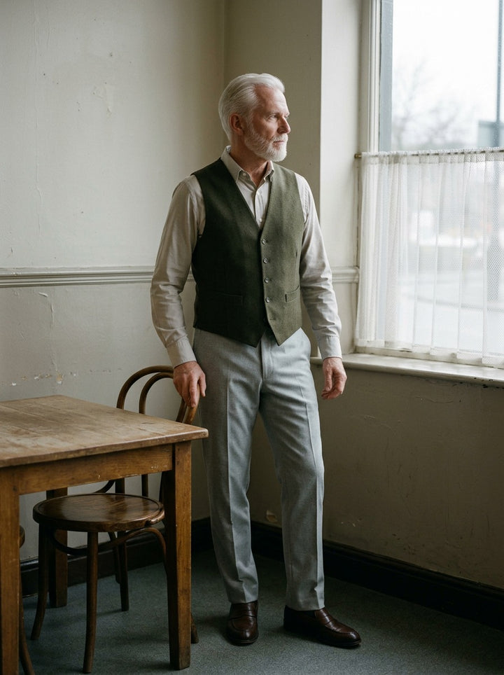 Tobias waistcoat in Olive, lifestyle, Gentlemens Manor