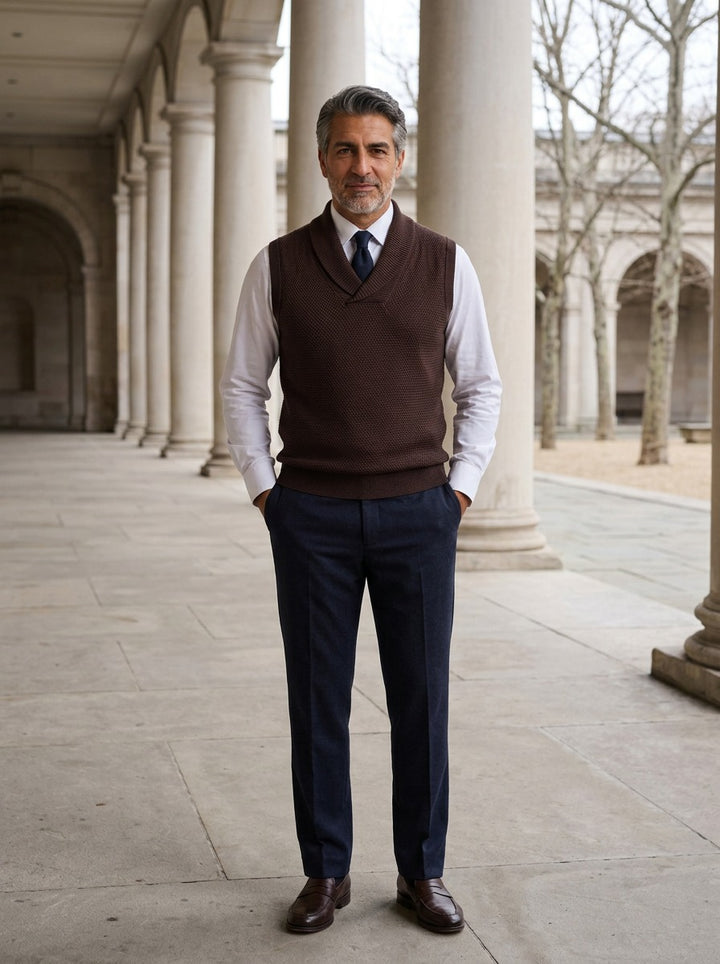 Tolliver sweater vest in Dark Brown, lifestyle in a stone colonnade, Gentlemens Manor