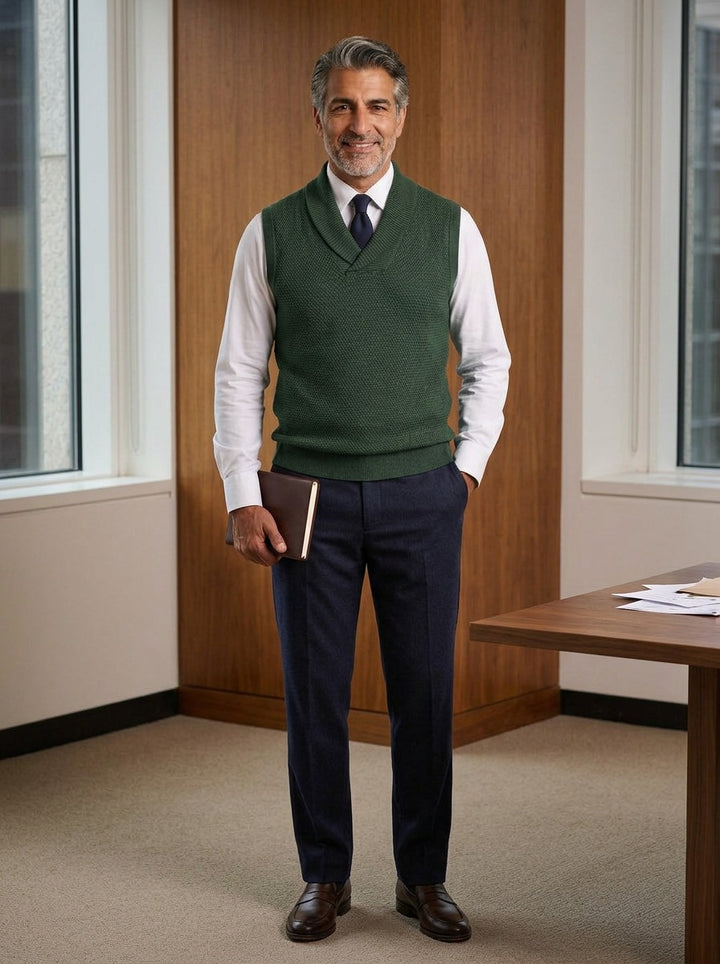 Tolliver sweater vest in Green, lifestyle in a timber paneled office, Gentlemens Manor