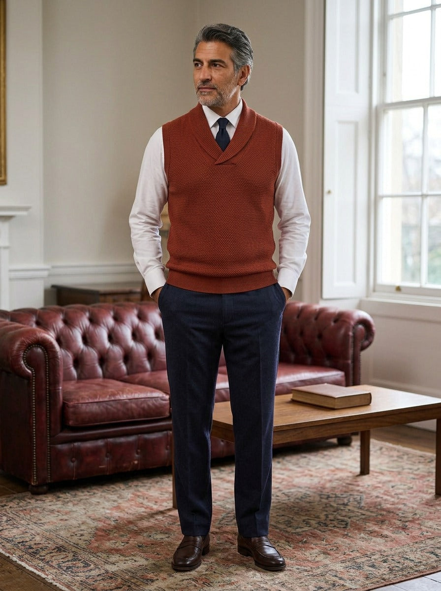 Tolliver sweater vest in Red, lifestyle in a club reading room, Gentlemens Manor
