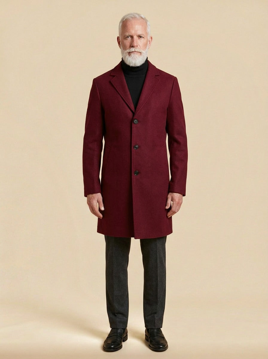 Townsend overcoat in Burgundy, studio, Gentlemens Manor