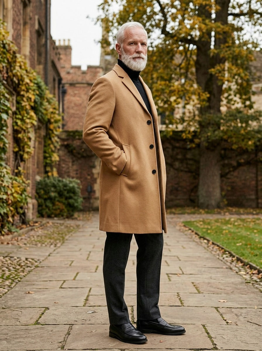 Townsend overcoat in Camel, lifestyle in a brick college courtyard, Gentlemens Manor