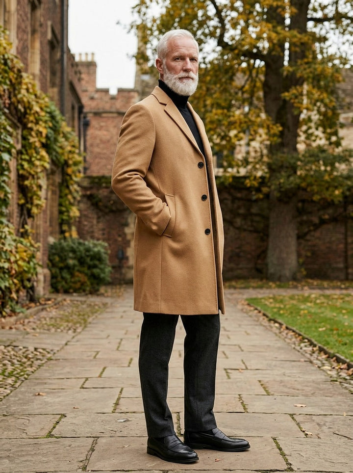 Townsend overcoat in Camel, lifestyle in a brick college courtyard, Gentlemens Manor