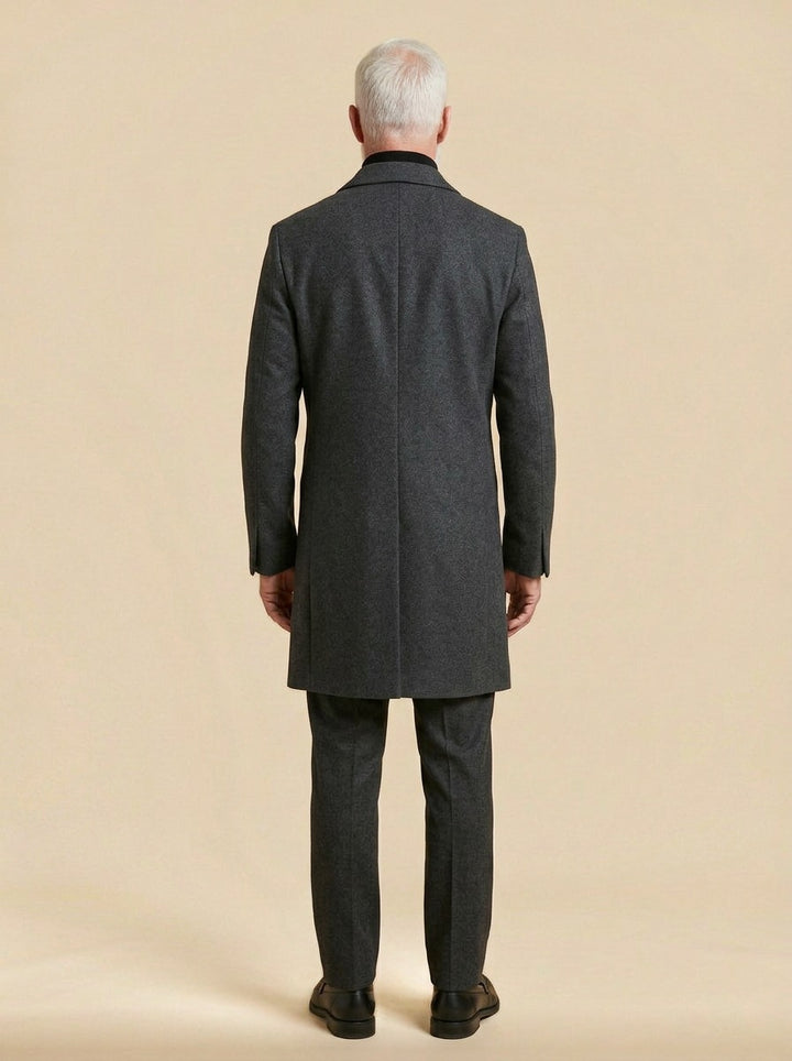 Townsend overcoat in Charcoal, back view, Gentlemens Manor