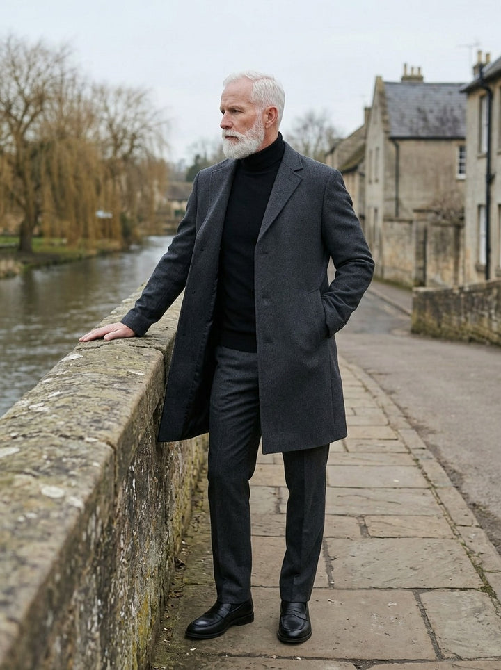 Townsend overcoat in Charcoal, lifestyle on a stone footbridge, Gentlemens Manor