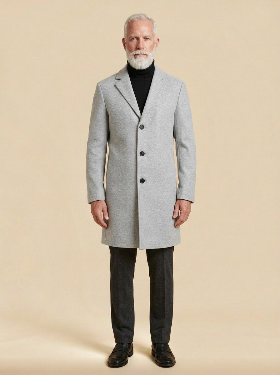 Townsend overcoat in Light Grey, studio, Gentlemens Manor