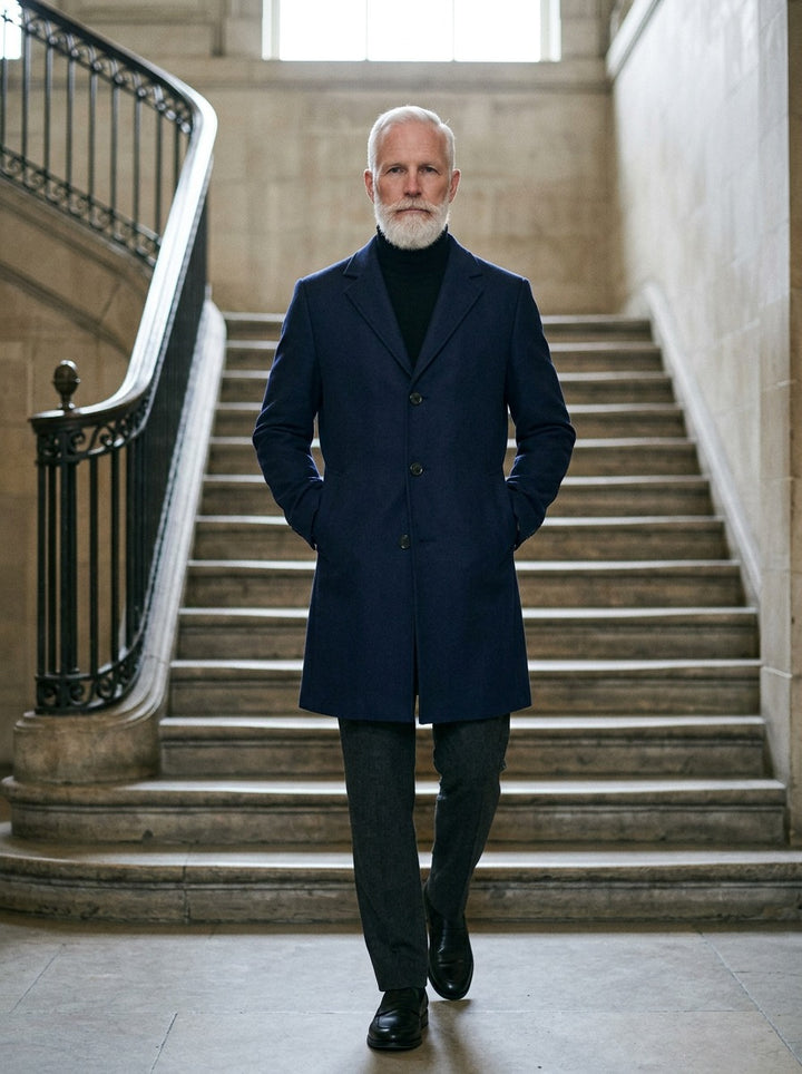 Townsend overcoat in Navy, lifestyle on a civic stone staircase, Gentlemens Manor