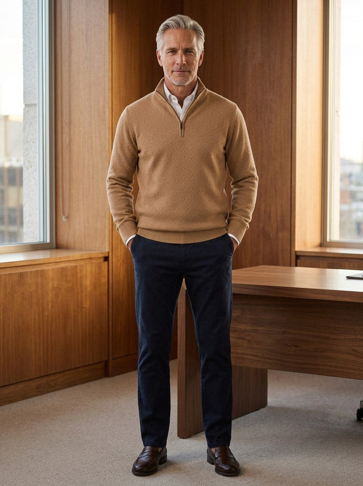 Tremont textured quarter zip sweater in Camel, lifestyle in a timber paneled office, Gentlemens Manor