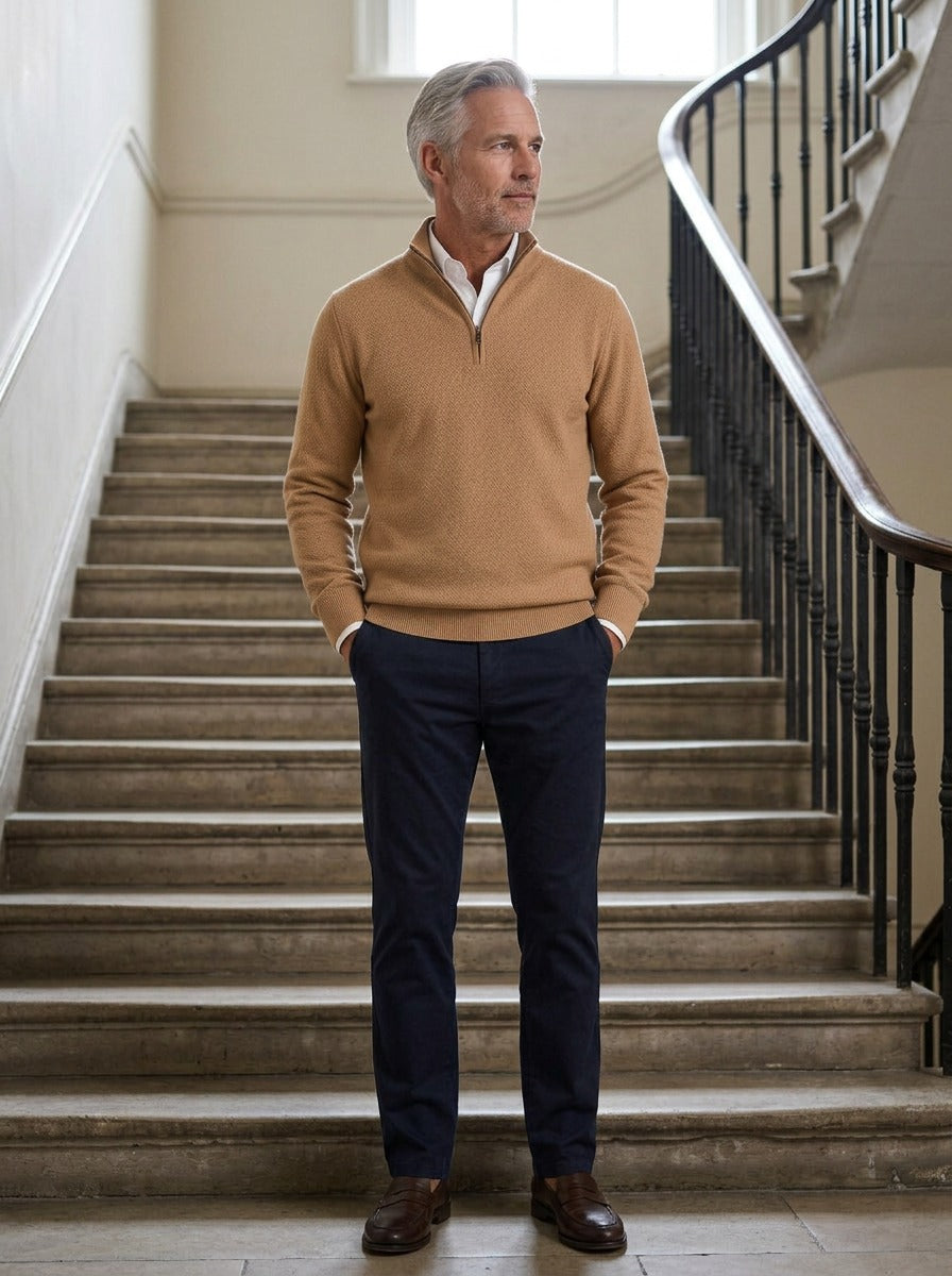 Tremont textured quarter zip sweater in Camel, lifestyle on a civic stone staircase, Gentlemens Manor