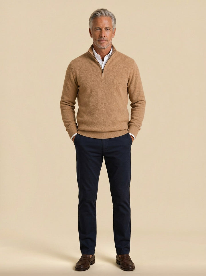 Tremont textured quarter zip sweater in Camel, studio, Gentlemens Manor