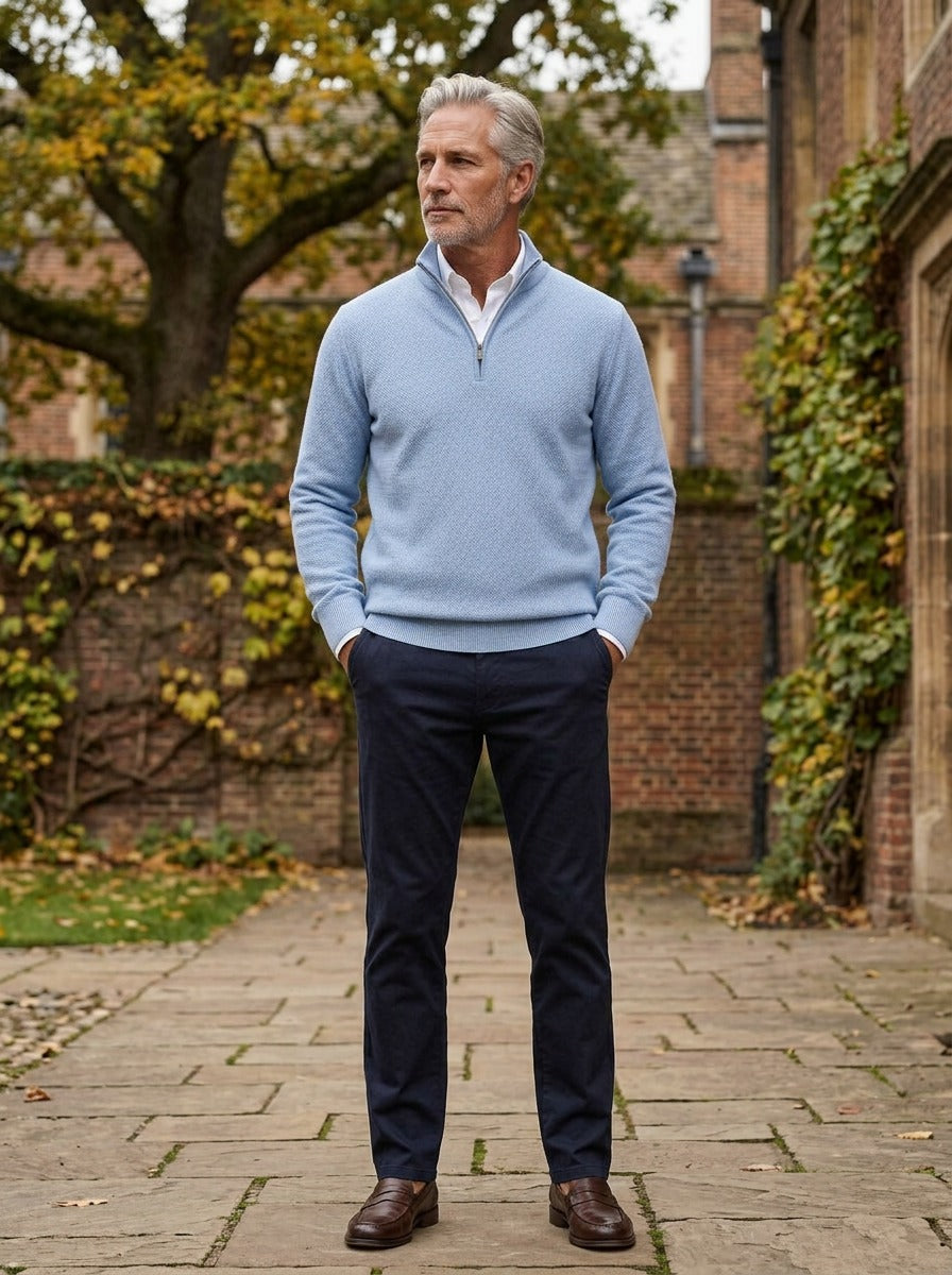 Tremont textured quarter zip sweater in Light Blue, lifestyle in a brick college courtyard, Gentlemens Manor