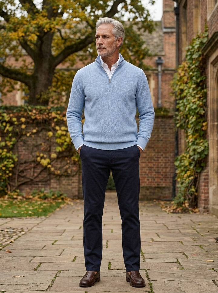 Tremont textured quarter zip sweater in Light Blue, lifestyle in a brick college courtyard, Gentlemens Manor