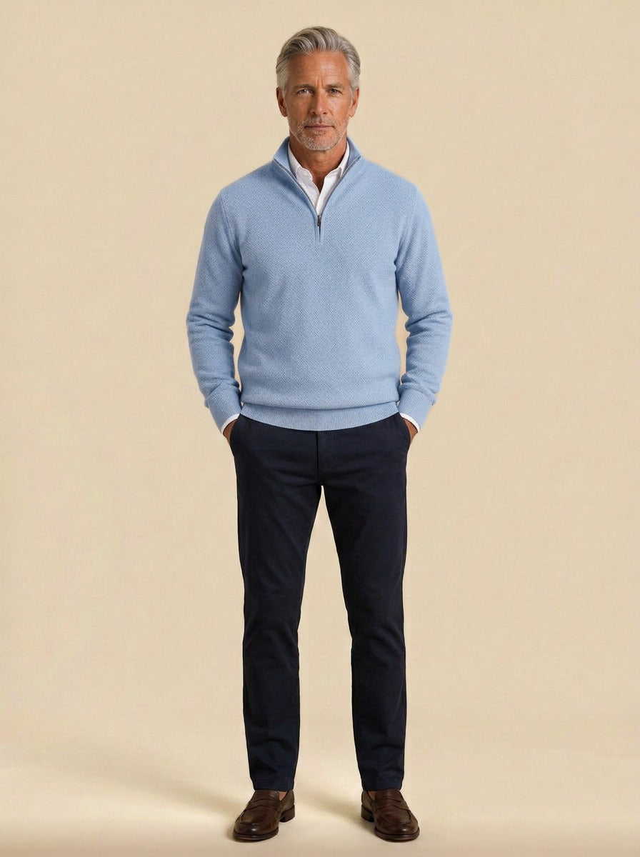 Tremont textured quarter zip sweater in Light Blue, studio, Gentlemens Manor