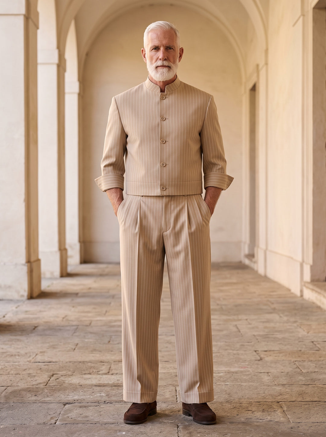 Truman two piece set in Sand, lifestyle, Gentlemens Manor