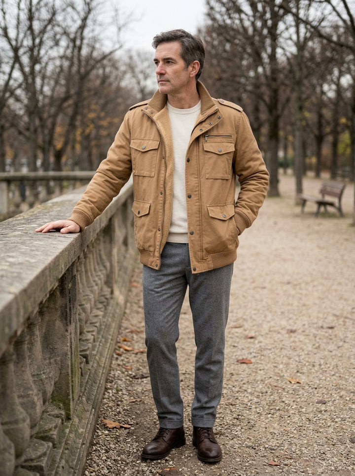 Tucker field jacket in Camel, lifestyle on a park path, Gentlemens Manor