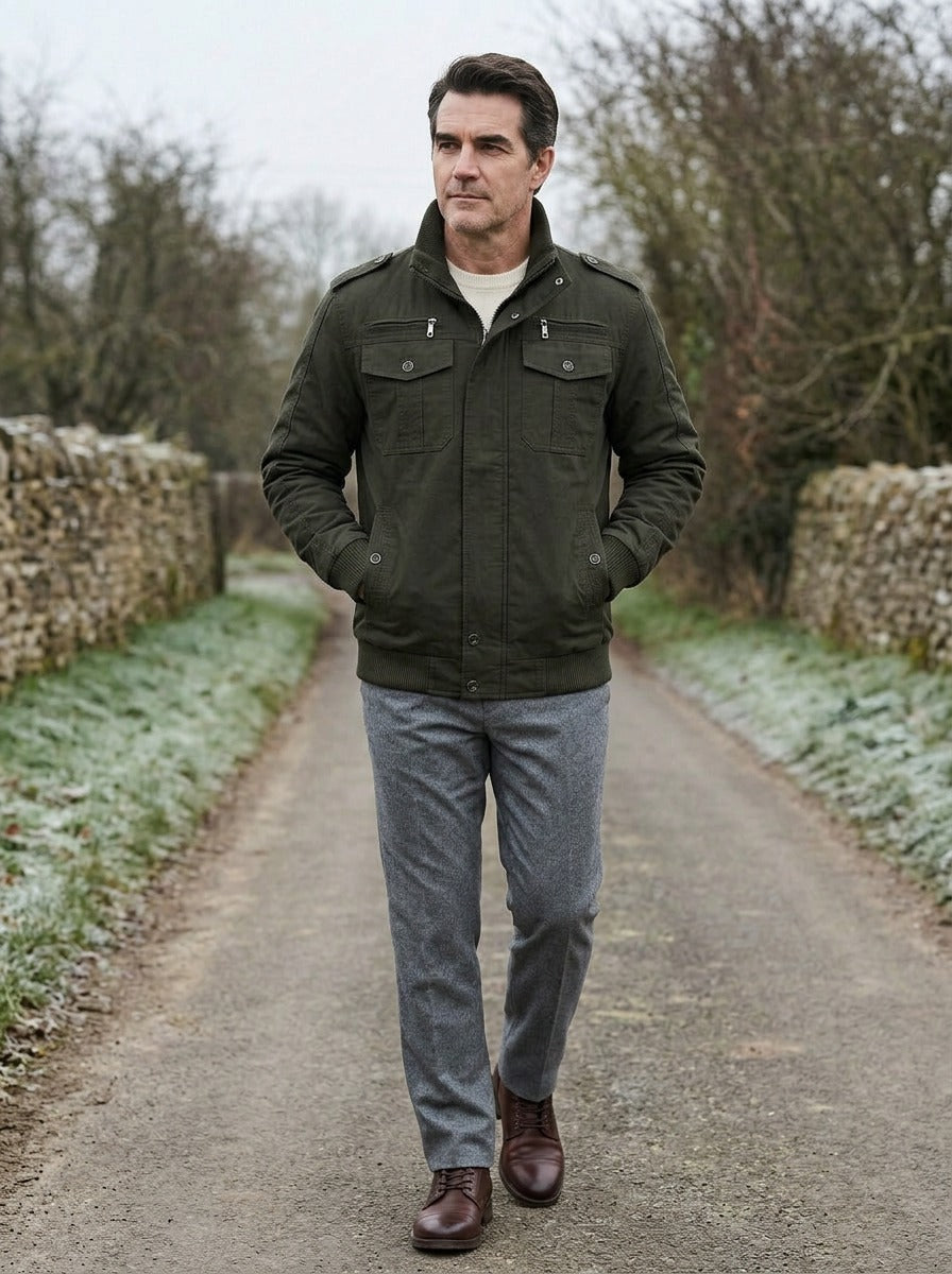 Tucker field jacket in Olive, lifestyle on a country lane, Gentlemens Manor