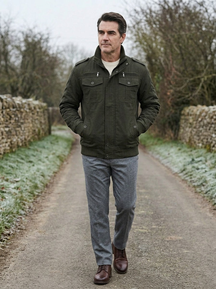 Tucker field jacket in Olive, lifestyle on a country lane, Gentlemens Manor