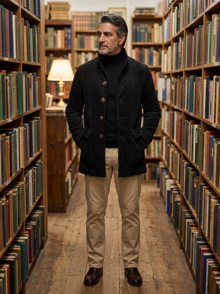 Turner corduroy car coat in Black, lifestyle in a secondhand bookshop, Gentlemens Manor
