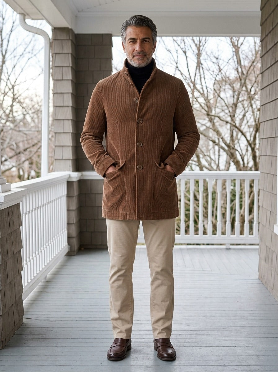 Turner corduroy car coat in Brown, lifestyle on a covered porch, Gentlemens Manor