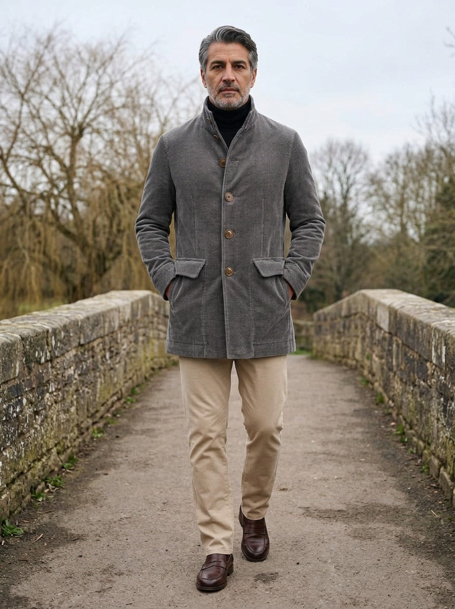Turner corduroy car coat in Grey, lifestyle on a stone footbridge, Gentlemens Manor