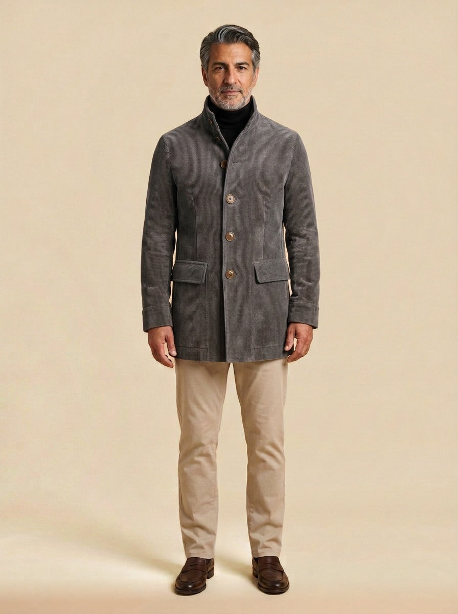 Turner corduroy car coat in Grey, studio, Gentlemens Manor
