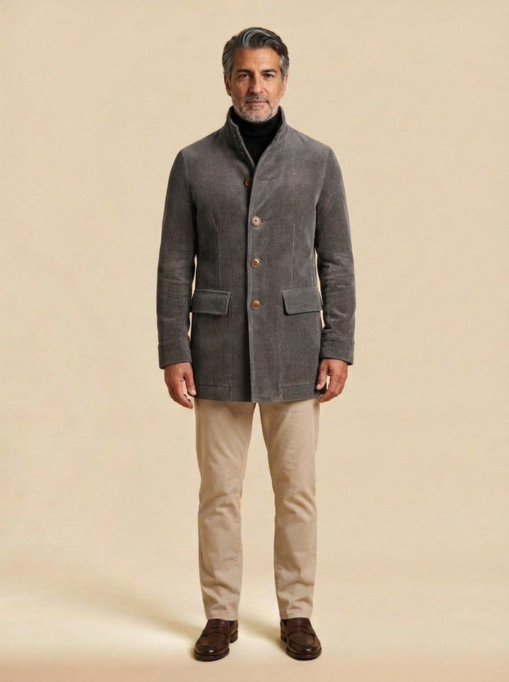 Turner corduroy car coat in Grey, studio, Gentlemens Manor