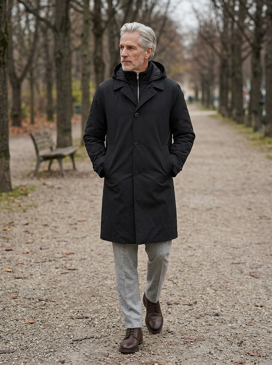Underwood parka in Black, lifestyle on a park path, Gentlemens Manor