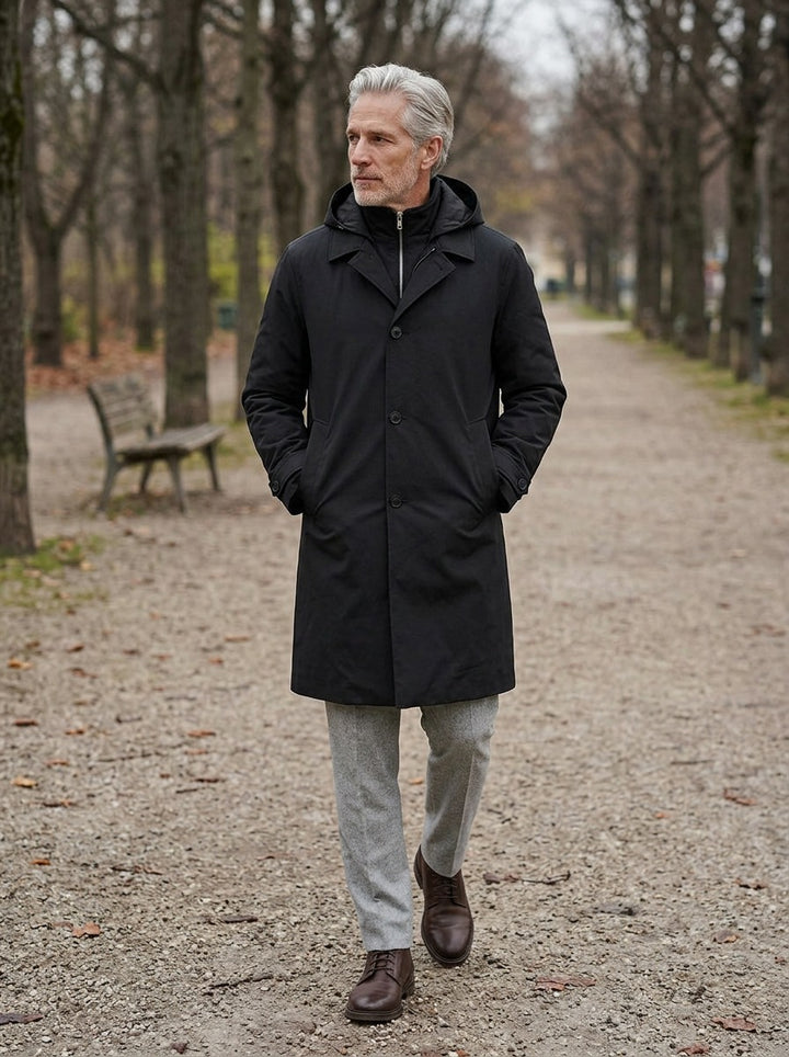 Underwood parka in Black, lifestyle on a park path, Gentlemens Manor