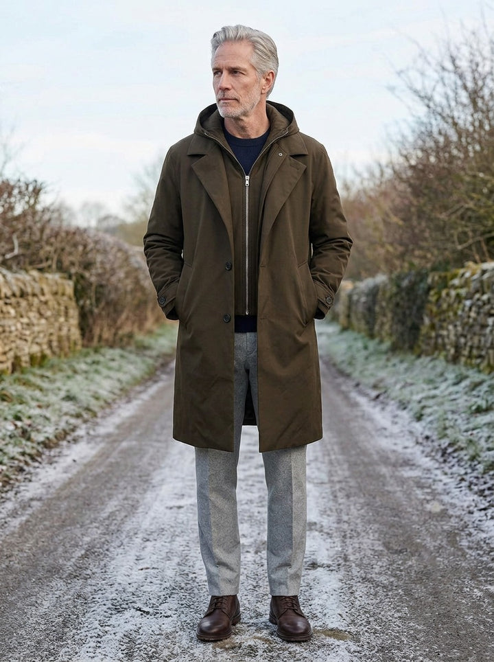 Underwood parka in Olive, lifestyle on a country lane, Gentlemens Manor