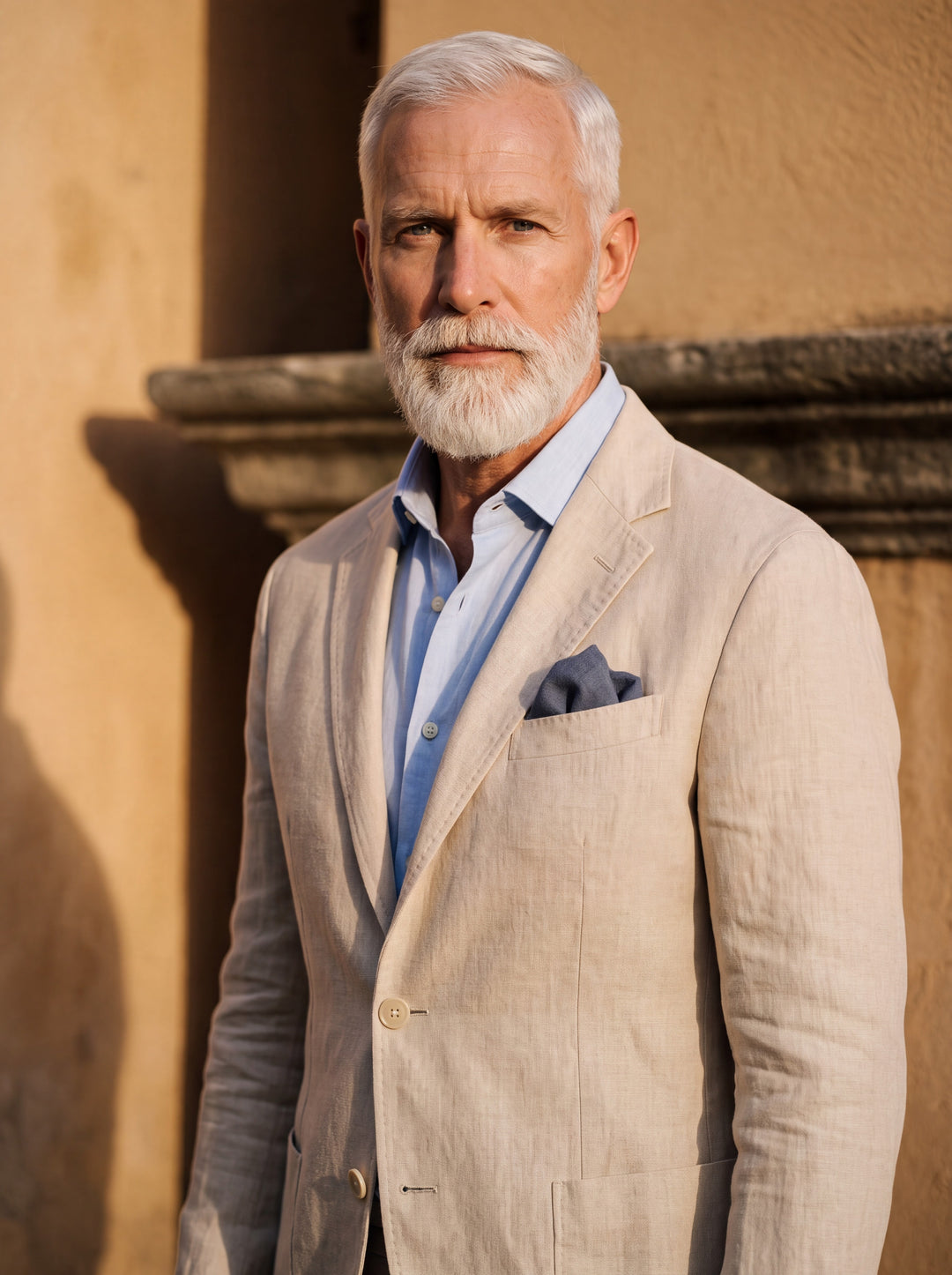 Upton blazer in Beige, worn by a model in a Mediterranean setting - Gentlemens Manor lifestyle